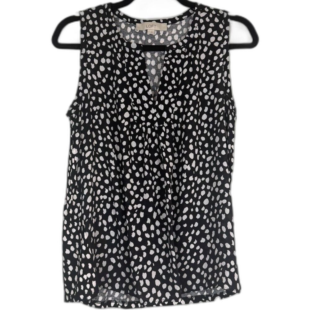 LOFT Blouse XS Black White Polka Dot Sleeveless V Neck Work Top
